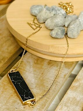 Gold Chain Necklace with Faux Black Marble Bar Pendant